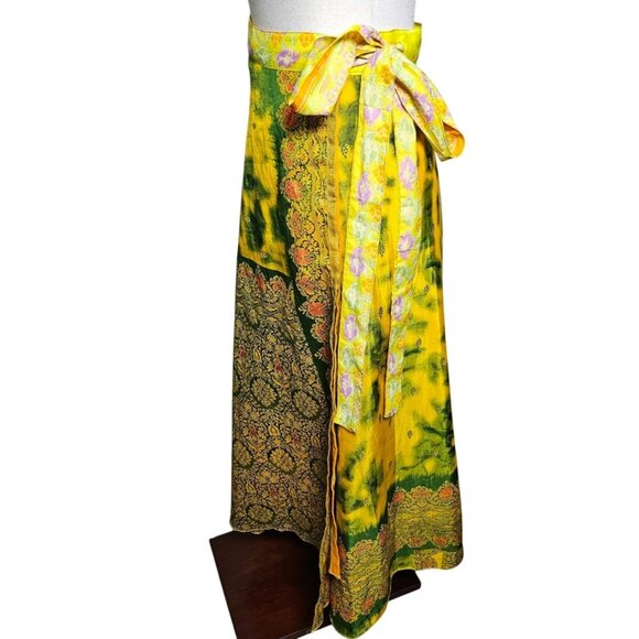 Womens Reversible Wrap A-line Maxi Skirt Med to XL. Yellow and Green - Picture 2 of 10